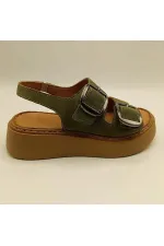Ametist Exclusive Stabil Haki Süet Platform Kadın Sandalet | Çift Bantlı Gerçek Deri Konfor