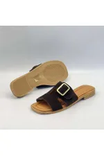 Bellini Coffee Suede Buckle Genuine Leather Women's Slippers