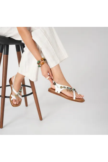 Daphne White Leather Flat Women's Sandals