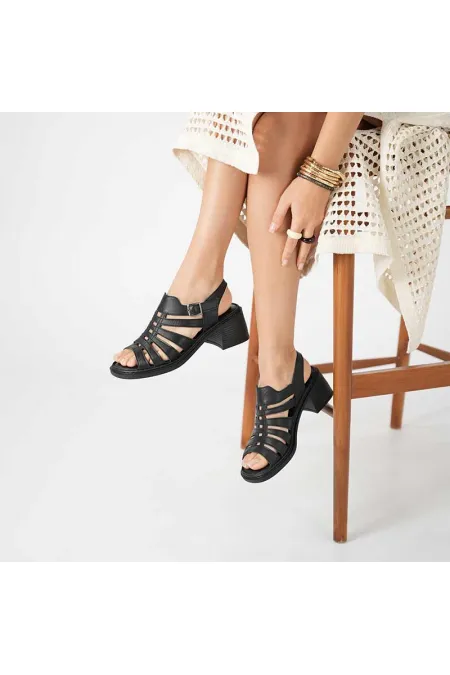 Amethyst Exclusive Stable Black Heeled Women's Sandals | Leather Classic Elegance and Comfort