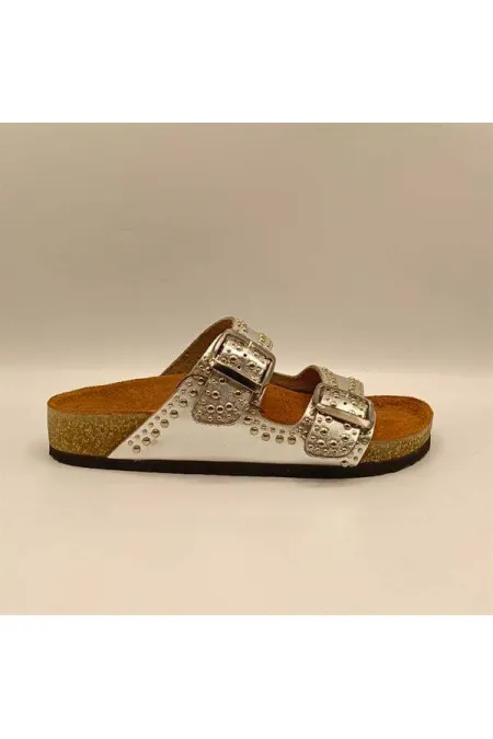 Perla Silver Leather Cork Sole Orthopedic Slippers