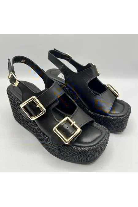 Ametist Exclusive Frida Siyah Deri Dolgu Topuk Kadın Sandalet