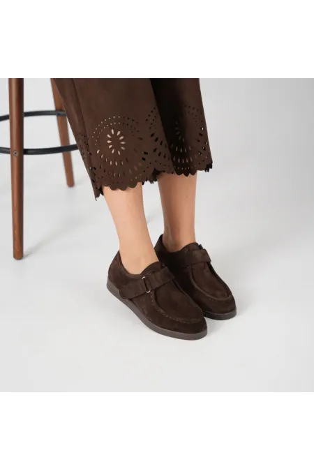 Alba Acı Kahve Hakiki Deri Süet Kadın Günlük Ayakkabı • Hafif Termo Taban, Ayarlanabilir Cırtlı Bant