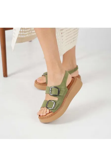 Amethyst Exclusive Stable Khaki Suede Platform Women's Sandals | Double Strap Genuine Leather Comfort