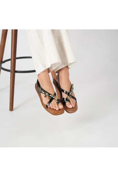 Daphne Black Leather Flat Women's Sandals