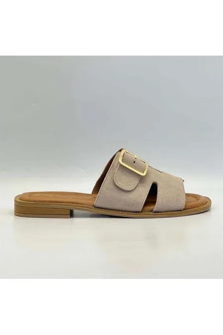 Bellini Bej Süet Tokalı Gerçek Deri Kadın Terlik