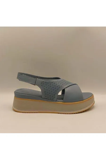 Athena Mavi Deri Dolgu Topuk Sandalet