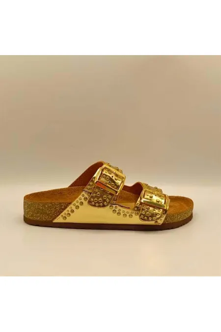 Perla Gold Leather Cork Sole Orthopedic Slippers