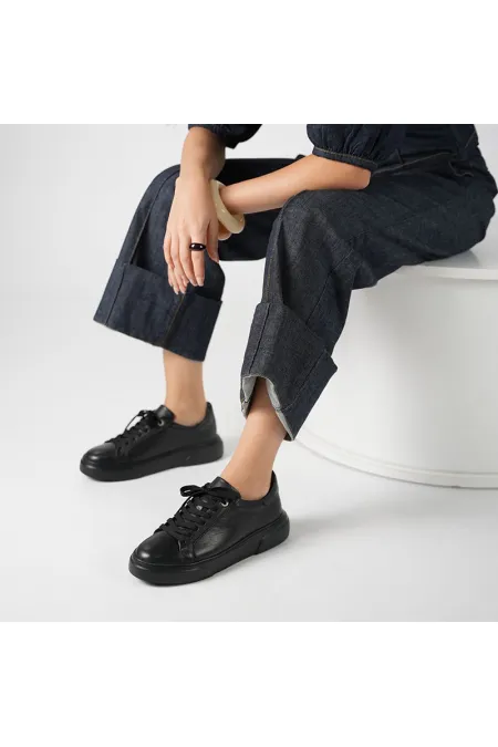 Anka Siyah Gerçek Deri Kadın Sneaker – Hafif Eva Taban