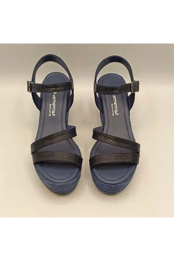 Lonna Lacivert Deri Dolgu Topuk Sandalet