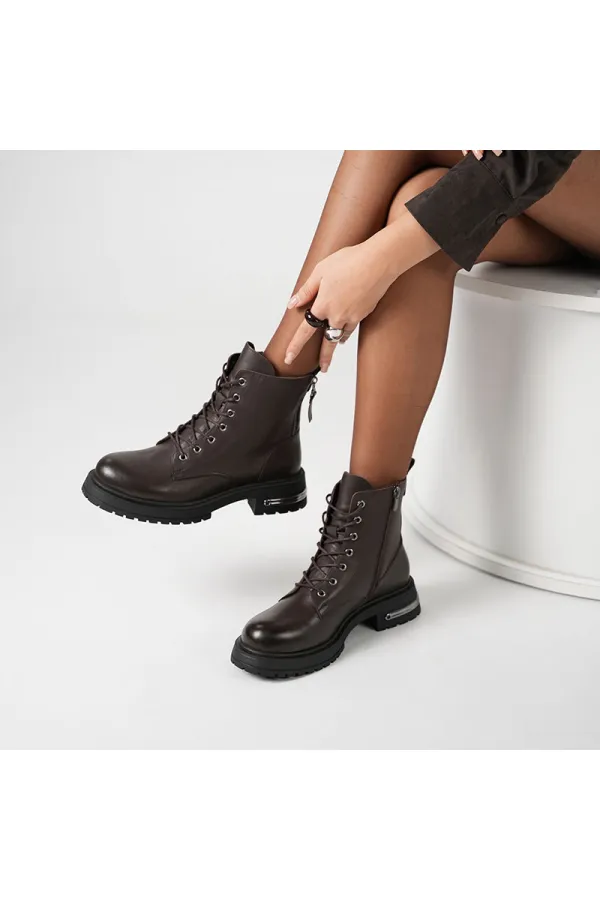 Tokyo Acı Kahve Gerçek Deri Sıcak Astar Kadın Bot – Bağcıklı & Fermuarlı, 5.5 cm Topuk