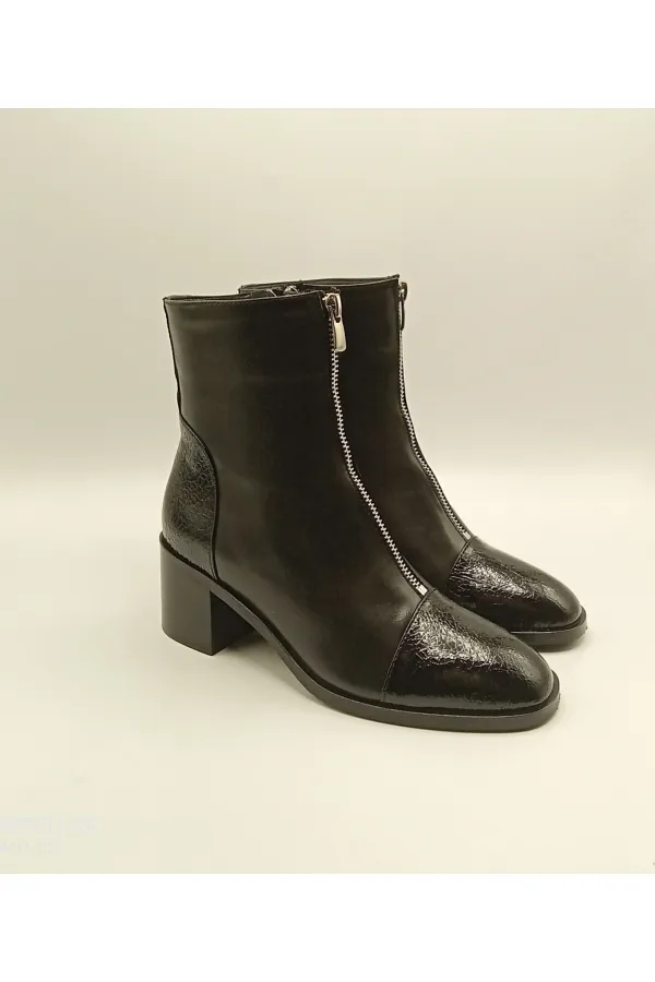 Clara Black Leather Women's Boots – Crocodile Pattern Patent Leather Toe & Heel Detail – Center Zipper Accessory