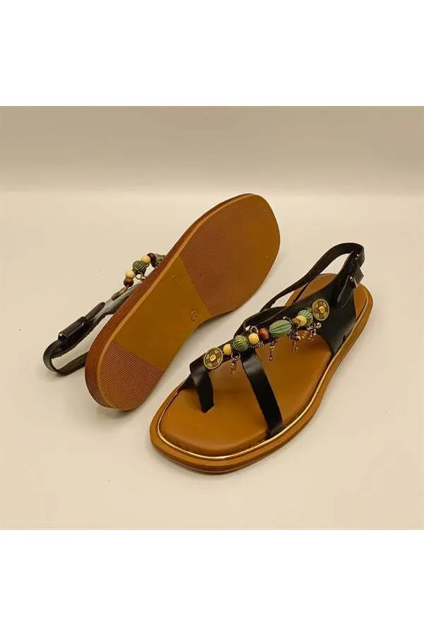 Daphne Black Leather Flat Women's Sandals