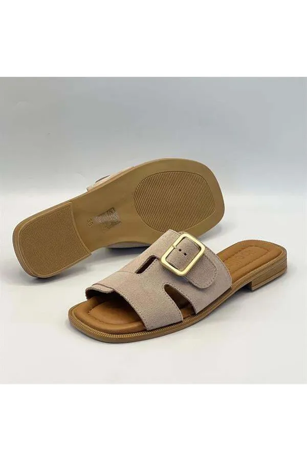 Bellini Bej Süet Tokalı Gerçek Deri Kadın Terlik