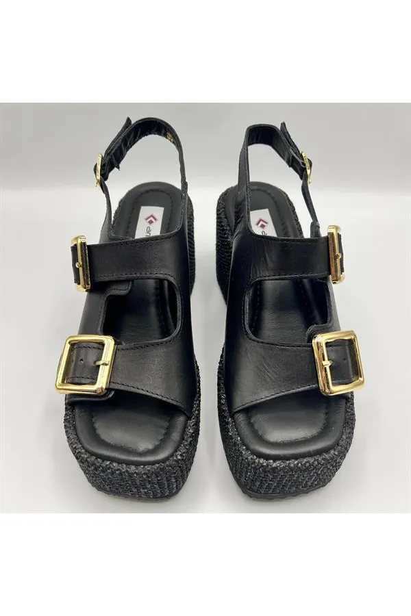 Ametist Exclusive Frida Siyah Deri Dolgu Topuk Kadın Sandalet