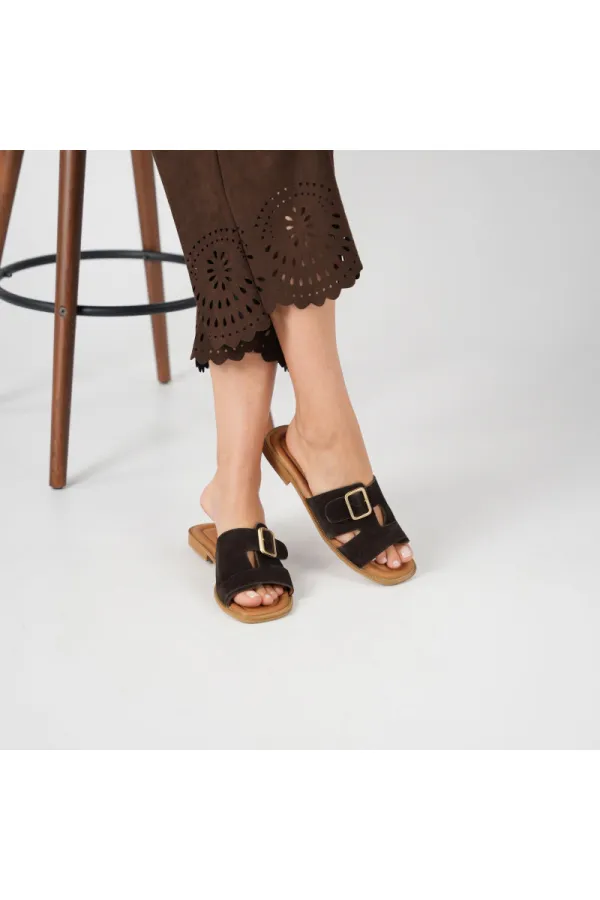Bellini Coffee Suede Buckle Genuine Leather Women's Slippers