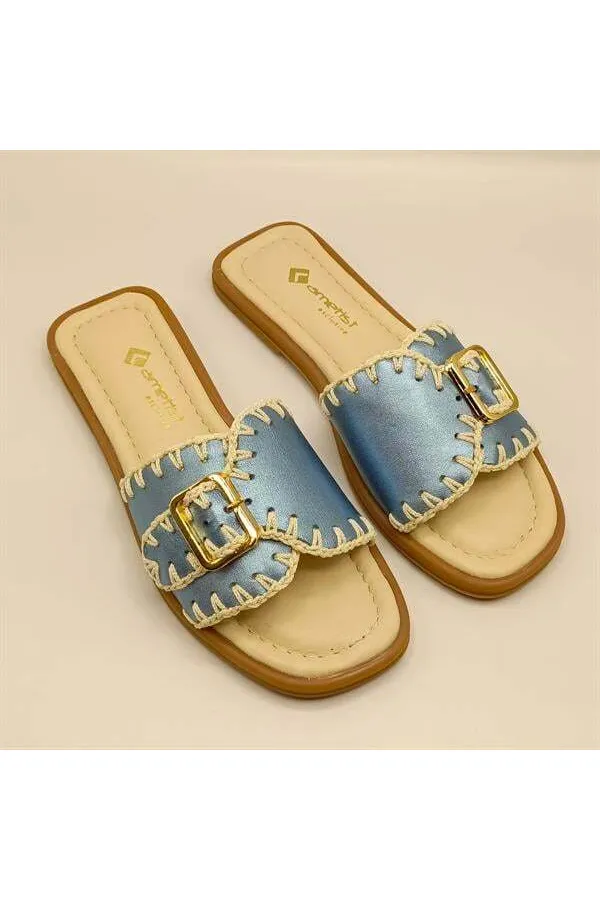 Pantoufles authentiques en cuir bleu pour femmes