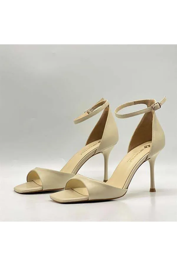 Marta %100 Gerçek Deri Bej Topuklu Sandalet – Milano Ökçe, Neolit Taban