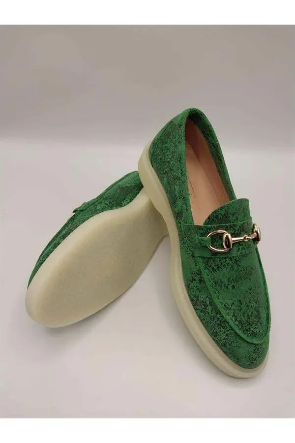 Davina Dark Green Printed Genuine Leather Casual Shoes