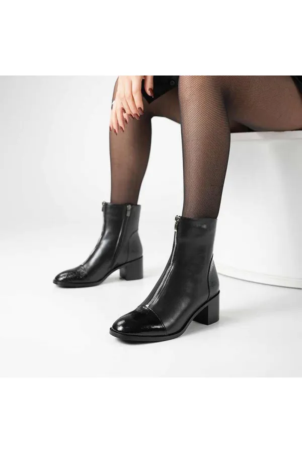 Clara Black Leather Women's Boots – Crocodile Pattern Patent Leather Toe & Heel Detail – Center Zipper Accessory