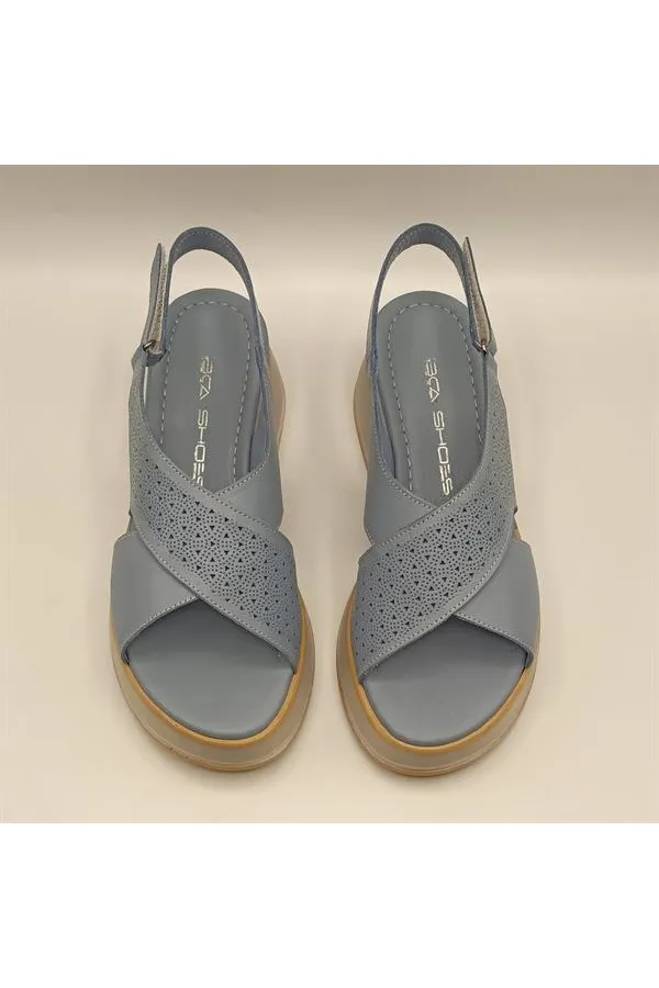 Athena Mavi Deri Dolgu Topuk Sandalet