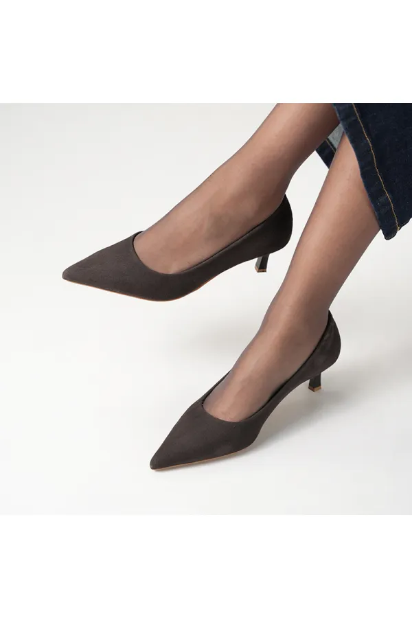 LINA Dark Brown Genuine Leather Suede 5 cm Heel Pointed Toe Women's Shoes