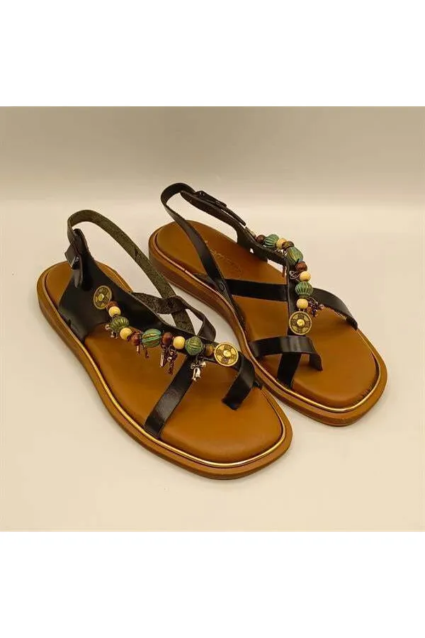Daphne Black Leather Flat Women's Sandals