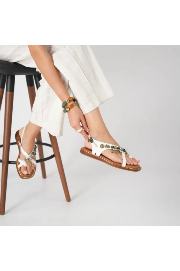 Daphne White Leather Flat Women's Sandals