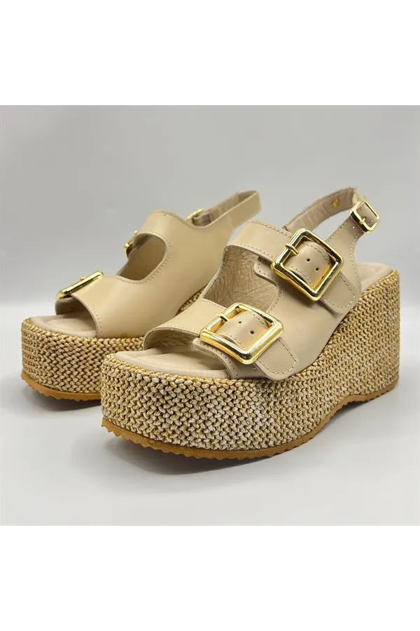Amethyst Exclusive Frida Beige Leather Platform Heel Women's Sandals