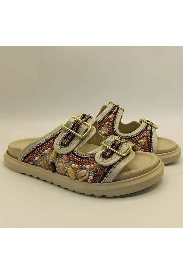 Bona Cream Genuine Leather Beaded Women's Slippers