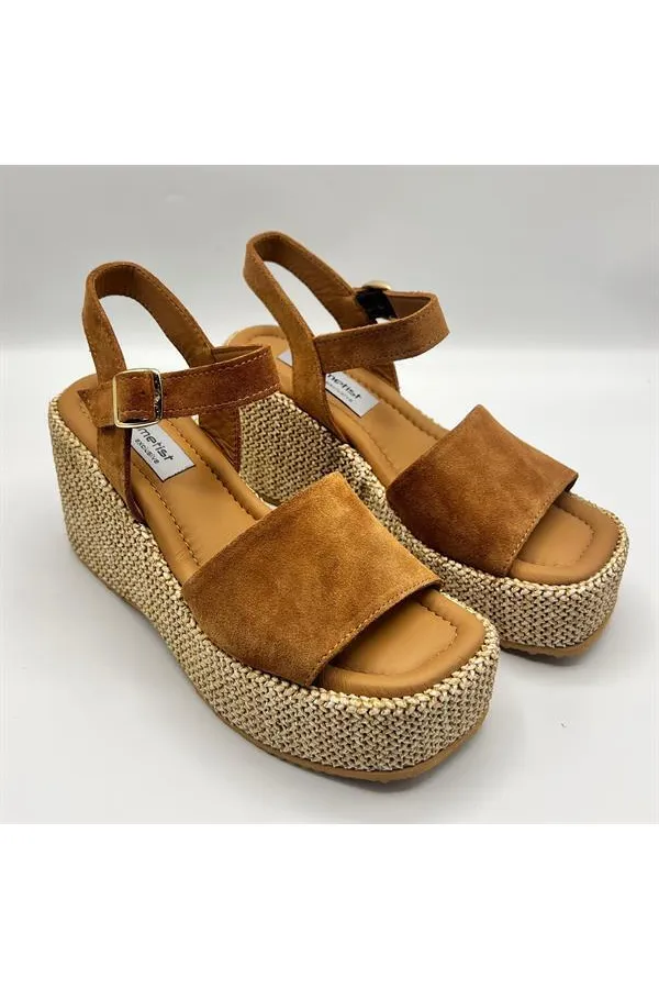 Ametist Exclusive Agatha Taba Süet Dolgu Topuk Kadın Sandalet | Yazlık Rahat ve Şık Kadın Sandalet