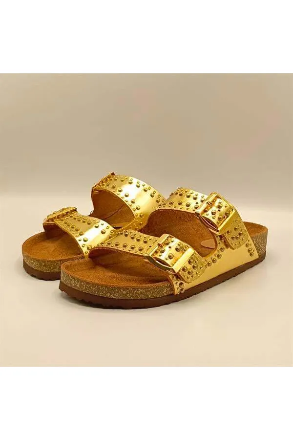 Perla Gold Leather Cork Sole Orthopedic Slippers