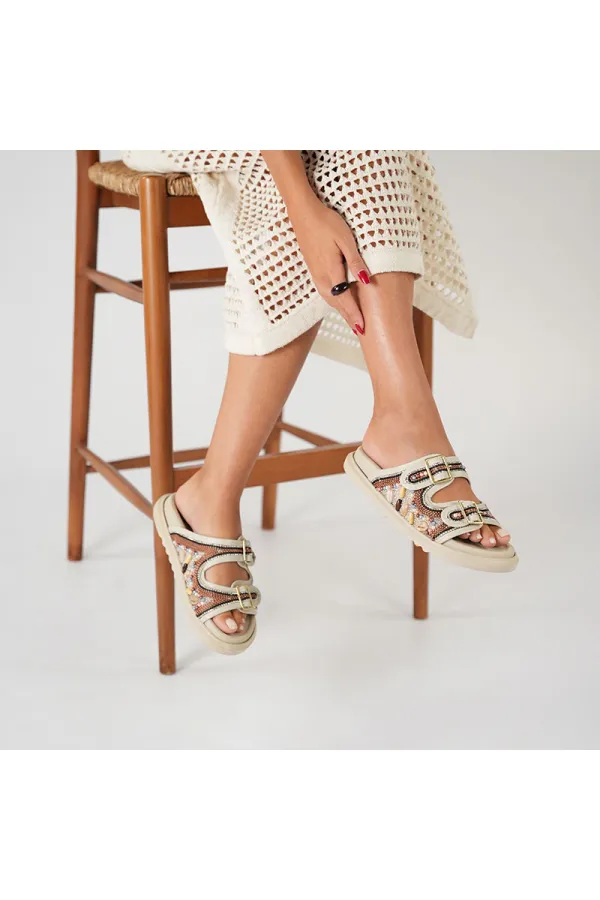 Bona Cream Genuine Leather Beaded Women's Slippers