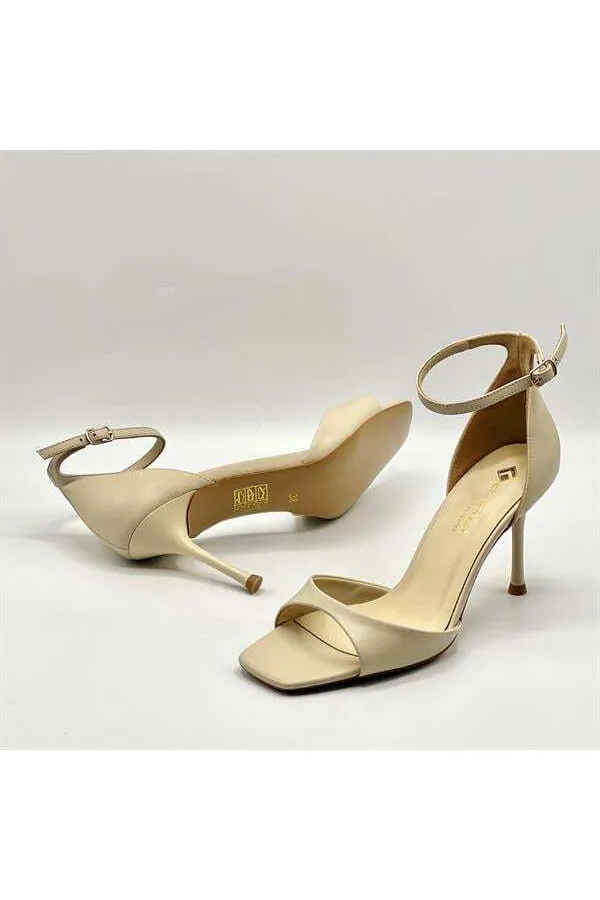 Marta %100 Gerçek Deri Bej Topuklu Sandalet – Milano Ökçe, Neolit Taban