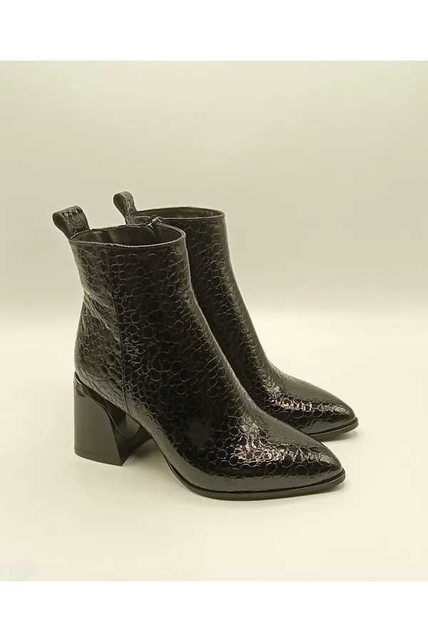 Valeria Black Beanie Pattern Genuine Leather Women's Boots – Pointed Toe, Metal-Embellished Heel