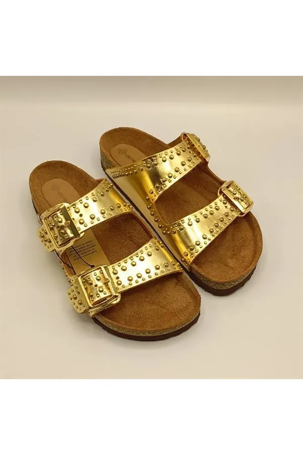 Perla Gold Leather Cork Sole Orthopedic Slippers