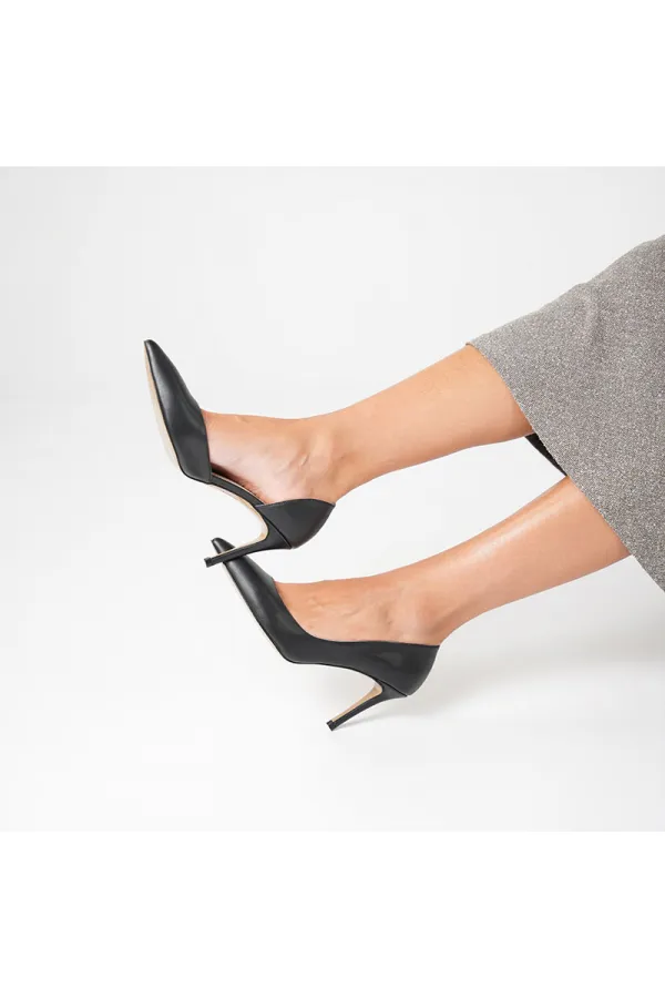 Nadin 100% Genuine Leather Black Stiletto – Neolite Sole, Open-Neck Design