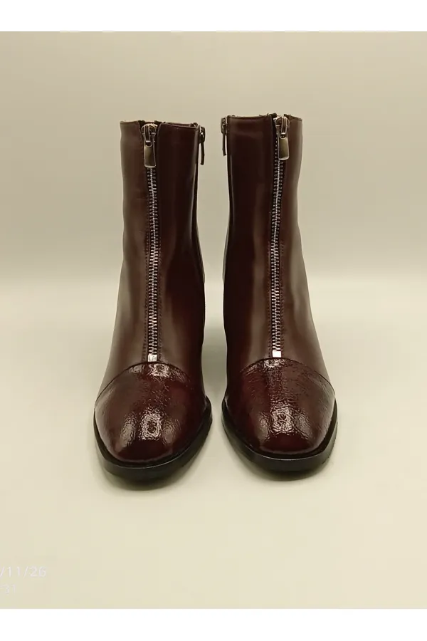 Clara Bordo Deri Kadın Bot – Kroko Rugan Burun & Topuk Detaylı