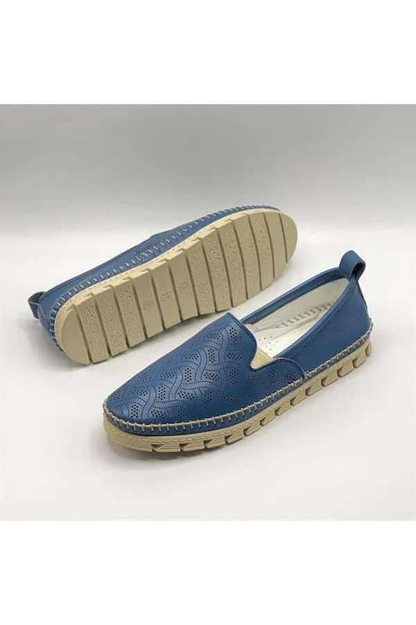 Flex Mavi Hakiki Deri Kadın Loafer