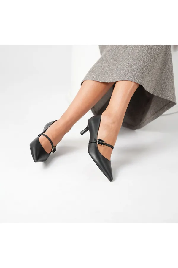 Escarpins NAOMI en cuir véritable noir avec boucle | Talon bas de 5 cm