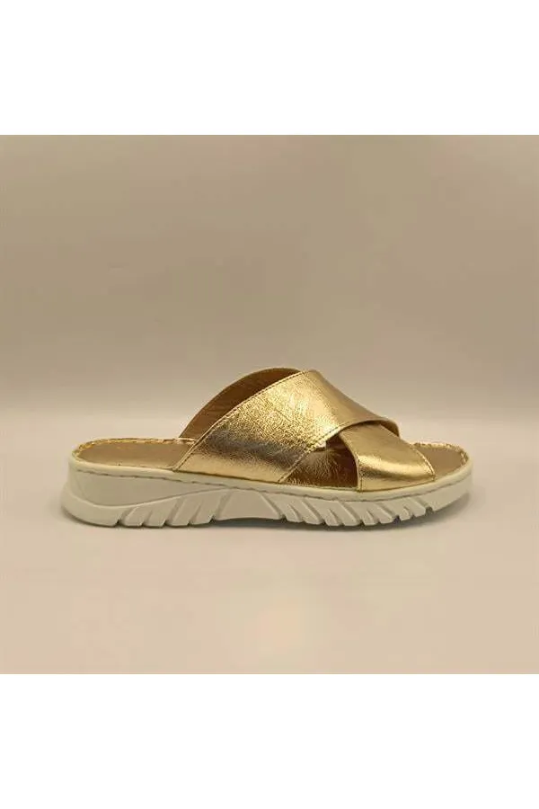 Pantoufles confortables en cuir doré Alessia pour femmes