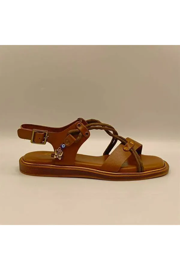 Belen Brown Leather Flat Women's Sandals
