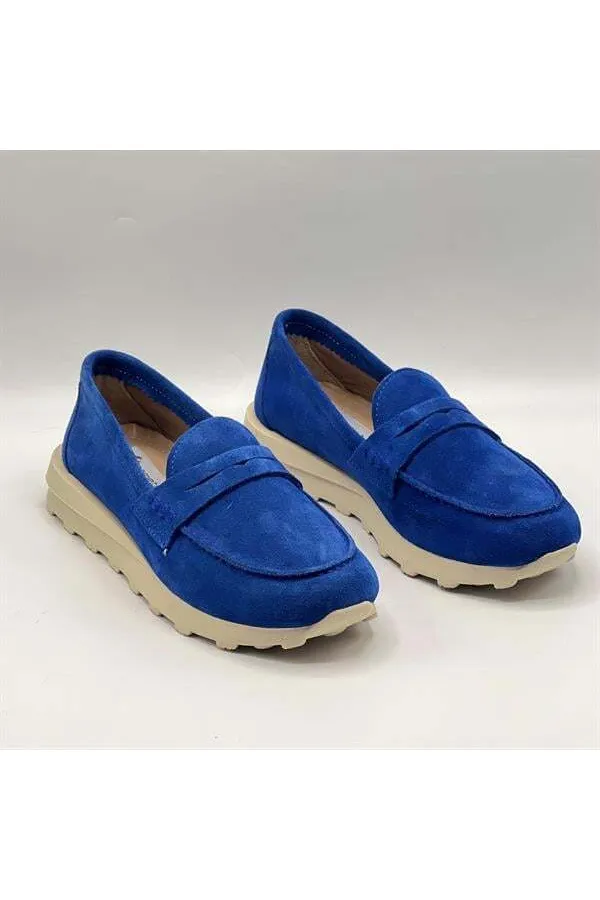 Carle Parlak Mavi Hakiki Süet Deri Kadın Loafer – 3 cm Termolight Taban