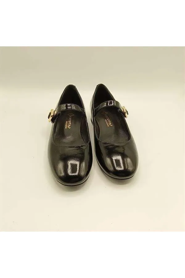 Marry Black Glossy Leather Square Toe Short Heel Women's Shoes