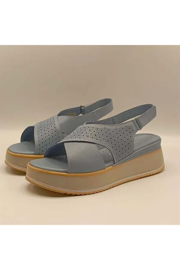 Athena Mavi Deri Dolgu Topuk Sandalet