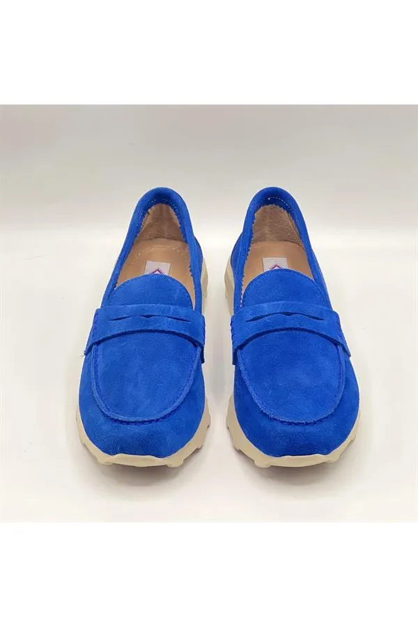Carle Parlak Mavi Hakiki Süet Deri Kadın Loafer – 3 cm Termolight Taban