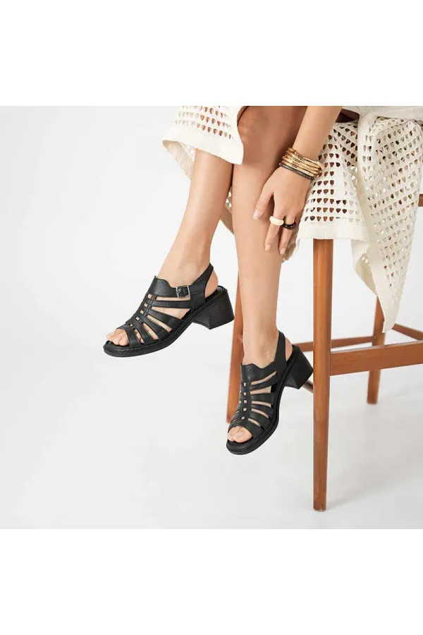 Amethyst Exclusive Stable Black Heeled Women's Sandals | Leather Classic Elegance and Comfort