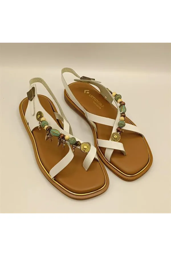 Daphne White Leather Flat Women's Sandals