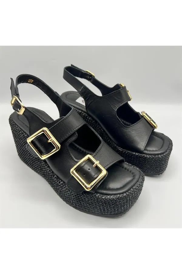 Ametist Exclusive Frida Siyah Deri Dolgu Topuk Kadın Sandalet