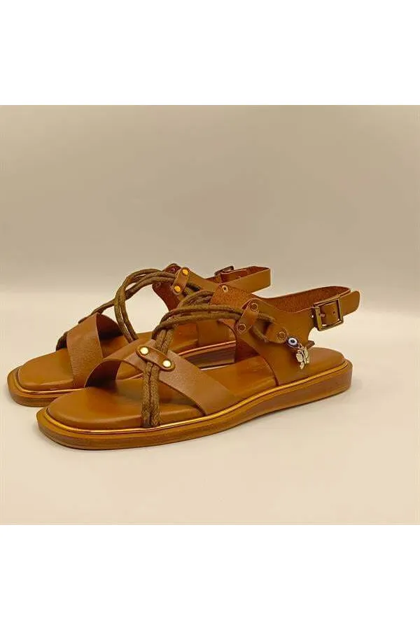 Belen Brown Leather Flat Women's Sandals